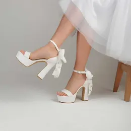 Sandals White Rhinestone Embellished Bow Ankle Strap Platform Bridal Shoes Open Toe Buckle Fashion Women Summer Dress Sandal