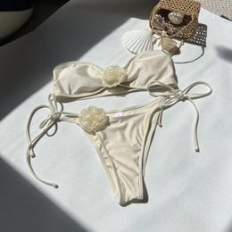 Women's Swimwear 3D Flower Tube Bandeau Bikini Set 2024 Sexy Women Light Black Swimsuit Mini Bathing Suit