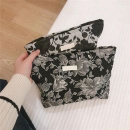 Cosmetic Bags Floral Makeup Bag Fashion Canvas Black Flowers Travel Storage Large Capacity Portable Toilet Woman