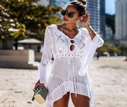 Crochet white knitted beach dress bathing suit cover up tunic long pareos bikinis swim robe plage beachwear sheer cover ups for wo4289734