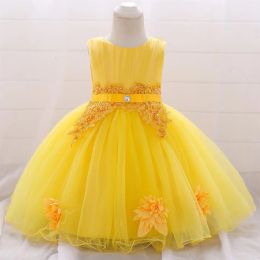 Dresses Appliques Flower Girls' Wedding Wear Dress Baby Kids Party Clothing Beading Tulle Dress Toddler Children First Birthday Costu243r