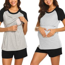 Sleep Lounge Womens Pregnant Womens Feeding Pajama Set Short Sleeve Nursing Baby Patch Work Casual T-shirt Top+Shorts Solid Color Pants Pajamas d240516