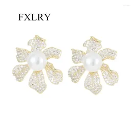 Stud Earrings FXLRY S925 Silver Needle Elegant Inlaid Zircon Pearl Flower For Women Wedding Jewelry