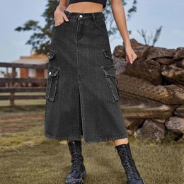 Skirts Women Mid Waist Pockets Denim Skirt Summer Holiday Party Casual Cargo Front Slit Sexy Jeans Y2k All-Match Streetwear