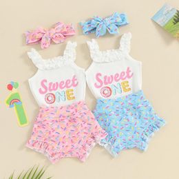Clothing Sets Sweet Baby Girl Clothes Adorable Frilly Suspender Tank Bodysuit And Print Shorts With Bow Headband Outfit For 0-18 Months