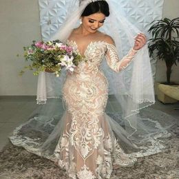 Champagne Wedding Dresses Boho Elegant Lace Mermaid Wedding Dress Illusion Neck Long Sleeves Country Garden Bridal Gowns 283t