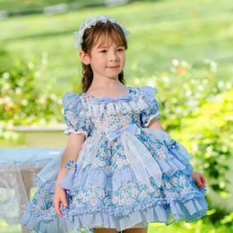 Baby Clothes Spain Retro Princess Ball Gown Bow Lace Stitching Birthday Party Easter Eid Lolita Dresses For Girls A2533 240515