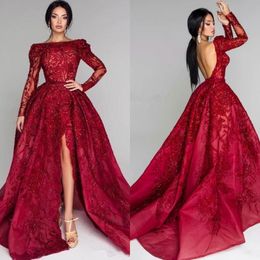 Sparkly Long Sleeves Sequins Lace Prom Dresses Backless Sweep Train Evening Party Red Carpet Gowns Plus Size Vestidos De Fiesta BC0652 214B