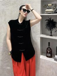 Women's Vests Chinese Trend Velvet Pan Buckle Black Top Senior Feeling Sleeveless Vest Summer Coats Jackets For Women 2024
