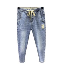 Spring Summer Korean Fashion Men Luxury Jeans Overalls Elastic Drawstring Cargo Washed Clothing Tapered Baggy Joggers Pants 240517