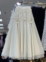 3D Floral Lace Patchwork White Skirt Women Aline Elastic High Waist Female Faldas Ajustadas Elegant Long Skirts Dropship 240516