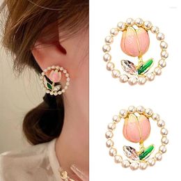 Stud Earrings 1Pair Romantic Pearl Flower For Women Korean Enamel Sweet Tulip Flowers Exquisite Party Charm Jewellery