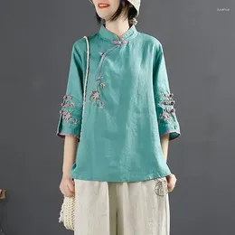 Ethnic Clothing Chinese Retro Style Top Embroidered Linen Clothes Summer Plus Size Traditional Blouse For Women Z74