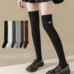 Women Socks Cartoon Embroidery Stockings JK Girls Cotton Long Thigh High Japanese Style Black White Knee