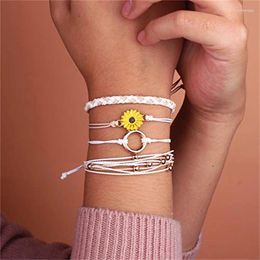 Charm Bracelets 4pcs/set Sunflower String Bracelet Handmade Braided Rope Charms Boho Surfer For Teen Girls Women
