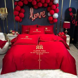 Bedding Sets Chinese Style Classic Big Red Wedding Quilt Cover Egyptian Long-staple Cotton Embroidered Bed Sheet 4-piece Set