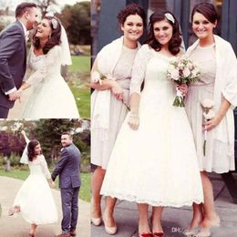 Latest Short Beach Wedding Dresses Vintage Long Sleeve Tea-length Bridal Gowns vestidos de novia Lace Wedding Gowns Plus Size Bride Dre 242C