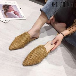 Women NIUFUNI Style Slippers Rattan Knit Casual Sandals Indoor Floor Shoes Home Mules Pointed Toe Flat Woman 210609 ca7a