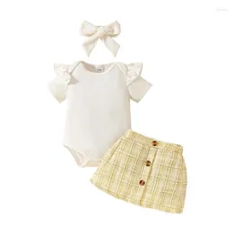 Clothing Sets Summer Born Baby Girl Skirts Short Sleeve Plain Colour Jumpsuits Hairband 3Pcs Set Infant Outfits 0-18 Months