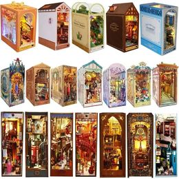 Book Nook Diy Wooden Shelf Insert Kit Miniature Fairy Tale Town Bookshelf Forest House Dollhouse Bookend Toys Children Xmas Gift 240516