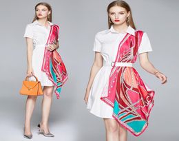 2020 Summer Fashion Print Women's Ladies Casual Office Lapel Short Sleeve Panelled Scarf Belt A-line Shirt Designer Dresses Vestidos5689363