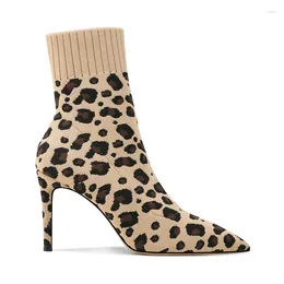 Boots Women Leopard Dot Knitted Cloth Sock Pointed Toe Slip On Stretch Thin High Heels Winter Plush Short Booties