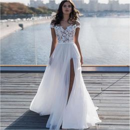 2020 Summer Beach Bohemian Lace Chiffon Wedding Dresses A Line Leg Split Sheer Cap Sleeve Appliqued Floor Length Bridal Wedding Gowns C 1629