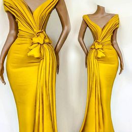 Stunning Yellow Mermaid Evening Dresses Pleats Knoted Off Shoulder Sweep Train Formal Party Dress Celebrity Pageant Gowns Evening Wear 288Z