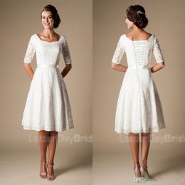 Short Wedding Dresses with Sleeves Modest Vintage 1920s' Lace Knee-length Outdoor Reception Informal Bridal Wedding Dress Budget C 312Z