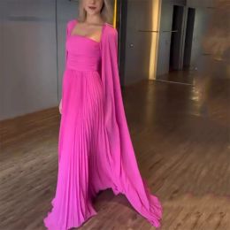 Dresses Elegant Long Hot Pink Chiffon Strapless Prom Dresses With Wrap ALine Sleeveless Ruched Floor Length Party Dress Maxi Formal Eveni