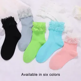 Women Socks Lace Frills Long Solid Colour Spring Fall Casual Non-Slip Lovely Candy Student
