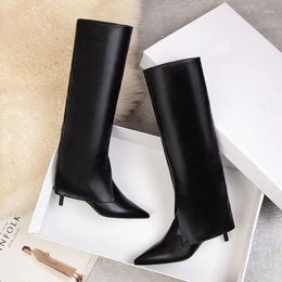 Boots Slit Trousers Fashion For Women Black Soft Leather Knee High Pointy Toe Thin Heels Slip On Party Autumn Ladies Shoes