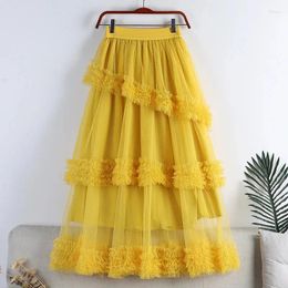 Skirts 2024 Sweet Cake Tulle Skirt Women Elegant Midi Long High Waist A Line Trendy Female Winter Yellow Green Party Lady
