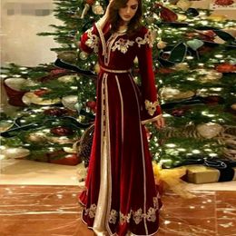 2020 new Burgundy Moroccan Kaftan Velour Prom Dresses ruched Long Sleeves Muslim Evening Gowns Gold Appliques Lace Dubai Women Dress 284a