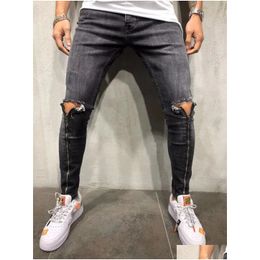 Mens Jeans Fashion Hole Ripped Zipper High Waist Stretch Skinny Denim Trousers Casual Pencil Pants Drop Delivery Apparel Clothing Dhkbi