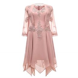 Setwell Two Pieces V-Neck Chiffon Tea Length Mother of The Bride Dress Long Sleeves Lace Formal Evening Gowns With Jacket 246o
