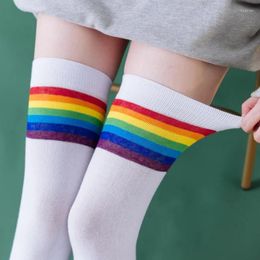 Women Socks Autumn And Winter Rainbow Striped Knee-Length Calf Over The Knee Stockings Cotton Japanese Korean Style College