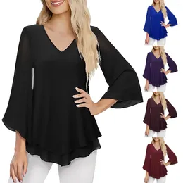 Women's Blouses Double Pleated Three Quarter Bell Sleeve Tunic Top Chiffon Blouse