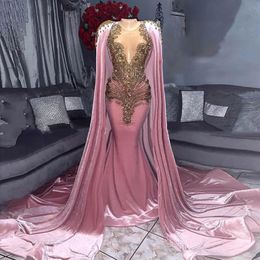 Pink Velvet Evening Dress With Cape Gold Beading Crystal Mermaid Prom Dress Arabic Formal Party Dress Vestidos 302S