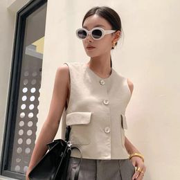 Women's Tanks Retro Genuine Leather Sheepskin Sleeveless Print Jacket Women Female Slim Suit Collar Pockets Aiguillette Vest Chic Waistc