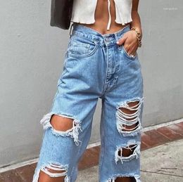 Women's Jeans Ripped Wide-leg Women Youthful Elastic Force Pants For Vintage High Waisted Female Trousers