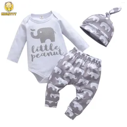 Clothing Sets Fashion Born Infant Baby Boy 3Pcs Outfit Clothes 2024 Printed Long Sleeve Romper Bodysuit Top Pant With Hats