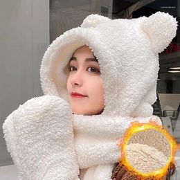 Berets 3-in-1 Lamb Wool Cute Bear Ear Hat Scarf Gloves Set Winter Women Caps Warm Casual Plush Neck Hats Fleece Girls Beanies