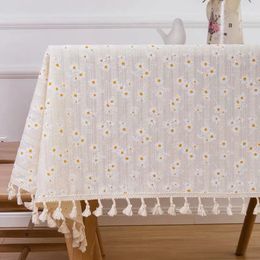 Korean Style Daisy Tassels Cotton Floral TableclothTea Table DecorationRectangle Table Cover For Kitchen Wedding Dining Room 240517