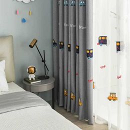 Window Treatments# Gray cartoon car curtains children boys children living room embroidered sheer transparent linen curtains Y240517