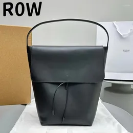Totes ROW2024 Women's Bag Black Cowhide Simple Flap Large Capacity Nylon Drawstring Decorative Handbag Shoulder