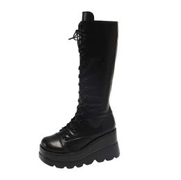 Boots Women Platform Shoes Punk Goth Lolita High Heels Winter Rain Combat Military Wedge Leather Black New Rock Clearance Offers H240516