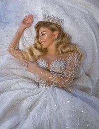 Luxury Sequined Arabic Dubai Wedding Dress 2024 Ball Gowns Glitter Tulle Sheer V-neck Beads Bride Dresses Long Sleeves Vestidos De Noiva