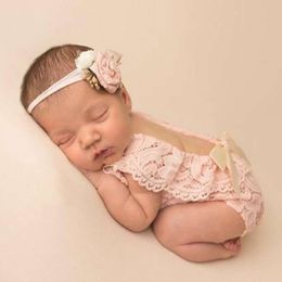 1set 0-3Month Newborn Photography Props Headband Lace Romper Bodysuits Outfit Baby Girl Costume Photo Shooting Clothing L2405