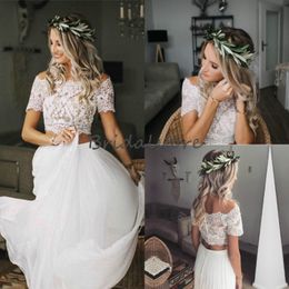 Modest Two Piece Wedding Dresses Boho Crop Top Lace Bateau Neckline Chiffon Country Wedding Dress Short Sleeve Button Back Cheap Bridal 239S